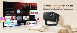 XGODY Gimbal A6 4K Decoding Native 1080P 500 ANSI 180° Rotation Android TV Portable Smart Projector ScreenCast Airplay MiraCast Automatic Keystone Home Theater