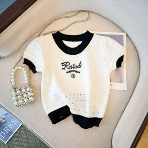 Sweet and Spicy Tops Short Classic Style Letters Embroider Knitting T-shirt Female Summer Korean Style Puff Short Sleeve Sweater