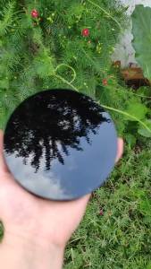 13cm High Quality Natural Obsidian Crystal Decoration With Shelf Divination Mirror Healing Crystal Round Plate Witchcraft Mirror