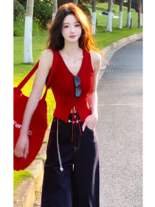 YUEZHONGWEI | Dopamine Boost Red V-Neck Ice Silk Knitted Tank Top Women Summer Outerwear Slim Fit Short Sleeveless Vest Fashion Commute Style
