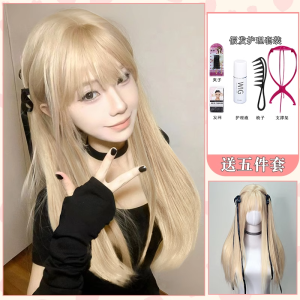 Milk Platinum Long Straight Hair Full-Head Wig Sweet Girl Qi Bangs Misa Amane Light Gold Lolita Nature Whole Top Artificial Hair Cover