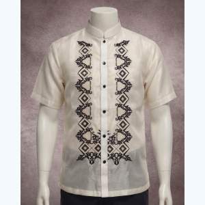 【 PREMIUM 】Modern Polo Barong Piña Organza Short Sleeves Embroidery Mandarin Collar