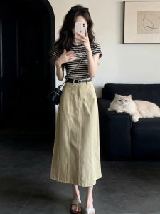 SENWA | Korean Style Women Summer Stripe T-Shirt and Long Skirt Set