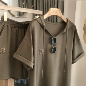 plus Size Casual Sportswear Set for Women Summer Loose Cover up Short Sleeve Shorts 2 Piece Set Cotton Material Hooded