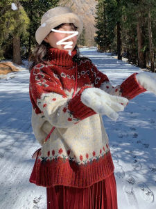 Christmas Fair Isle Thick Knitted High Neck Red Sweater Womens Autumn Winter New Lazy Style High-End Knitwear Top