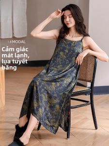 MiiOW | Váy ngủ lụa băng mùa hè cho nữ Áo vest dây mỏng có đệm ngực Váy ngủ mặc ở nhà có thể mặc ngoài trời Quần áo mặc nhà đơn giản mùa hè