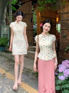 LINGQIAN | Colorful Polka Dot New Chinese Style Short Qipao Dress