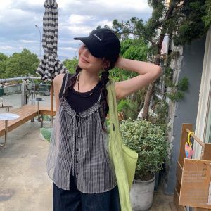 Summer Korean Style Black Checkered Sleeveless Tank Top Set for Outerwear or Layering