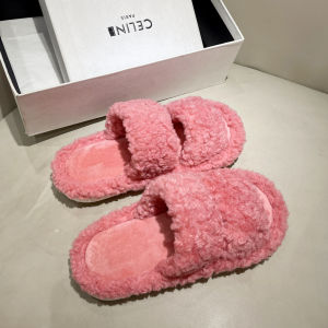 2025 New Cartoon Cute Flat Bottom Fur Slippers Sheepskin Home Anti-slip Can Be Worn outside One-word Cotton Shoes Winter