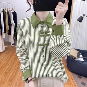 Spring Summer New Chinese Style Striped Button up Shirt Womens Fashion Color Block Anti-Aging Design Long Sleeve Top Trendy