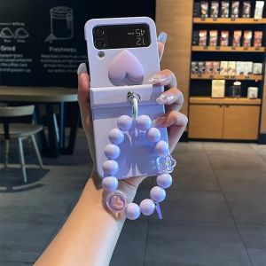Korean Cute 3D Love Heart Flower Beads Bracelet Pendant Case YJJ for Samsung Galaxy Z Flip 3 4 5G Z Flip3 Zflip 5 Flip4 Zflip4 Cover