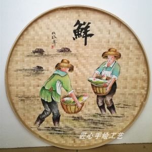 Hand-Painted Bamboo Woven Fan Wall Art Background Decor for Tea Room Restaurant Country Style round Wall Decorations Hanging Ornaments