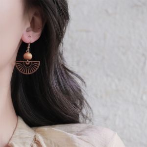 New Chinese Style Retro Ethnic Brown Wooden Mosquito Coil Ear Cufflinks & Geometric Pattern Alloy Gold Plated Women's Earrings