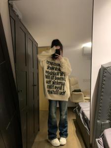 Loose Womens American Letter Print Mink Sweater Autumn Winter Street Lazy Style Knitted Top for Couples Casual Commute