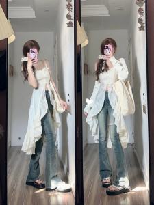 ชุดเดรสยาวแขนกุดสไตล์ฝรั่งเศสไซส์ใหญ่ ชุดคลุมไหล่พร้อมขอบลูกไม้ ชุดแฟชั่นฤดูใบไม้ผลิ 2024