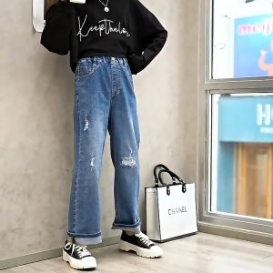 Kids Girls jeans Wide-leg pants straight pants ripped boys jeans casual pants