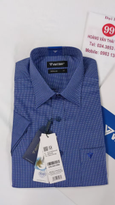 [Việt Tiến Sale] Sơ Mi Ngắn Tay - Regular (Suông) - Vạt bằng - Màu xanh navy chấm trắng