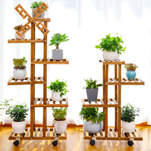 Balcony Multi-layer Plant Stand Movable Floor-standing No-occupying Space Potted Plant Display Rack Wood Material Modern Simple Style