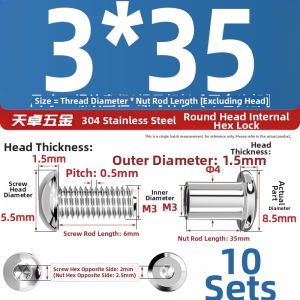 TIANZHUOJINSHU | 304 Stainless Steel Round Head Internal Hex Rivet Locking Screws and Nuts Furniture Combination Kit