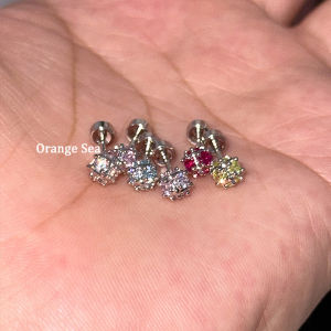 Titanium Steel Flashing Small Diamond Ball Earrings Colorful Zircon Flower Ball Ear Bone Screw Titanium Steel Unique Ear Studs