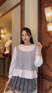 Áo sơ mi nữ phối bèo thân 2 lớp tay dài tiểu thư siêu xinh