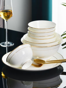 Gold Rimmed Bone China Bowls Set of 10 Dinnerware High Footed Rice Bowls 4.5 Inches Home Use 6 Inches Face Bowls Soup Bowls