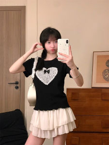 Korean Style Black Polka Dot Lace Heart Trim Short Sleeve Womens T-Shirt Sweet Girl Cuffed Short Version with Bow Knot