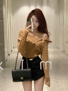 Elegant Gold Button Knitwear Womens Autumn Winter New Design Slim Fit Shoulder Bared Outerwear Korean Style Long Sleeve Sweater
