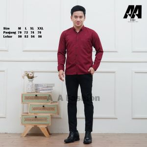 Kemeja Pria Panjang Basic Merah Marun Slimfit Ukuran M-XXL Longsleeve
