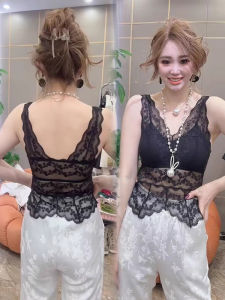 ฤดูร้อน รูปแบบใหม่ ผู้หญิง ลูกไม้ เปลือยหลัง สลิมฟิต คอวี เสื้อกล้าม Wireless Integrated Cup อินเทรนด์ เสื้อกั๊ก หลังสวย ดีไซน์