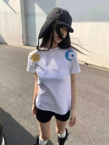 Spicy Girl Pure Desire Day And Night Print White Shoulder High Street Short Sleeve T-Shirt Womens Unique Summer Fashion Top