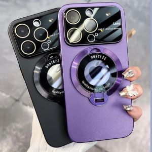 Slim Matte PC Bracket Case For iPhone 15 14 13 12 11 Pro Max 14 Plus For Magsafe Stand Holder Glass Lens Protector Luxury Cover