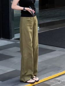 MANMI | Fashionable Olive Green Loose High-Waisted Trousers