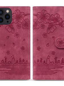 Sakura Cat Embossed Leather Phone Case Full Series Protection for Samsung Galaxy S24/S22/S23 Ultra/A33/A53/A22 5G/A13/A54/A34/A52/A15