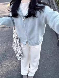 Blue Hooded Zipper Soft Glutinous Knitting Sweater Outwear Cardigan Womens Spring Autumn Winter Korean Style Idle Style Slim Looking Wear