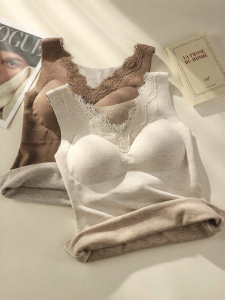 V-Neck Lace Warmth Cashmere Silk Vest Built-in Padding