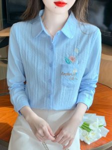 เสื้อเชิ้ตผู้หญิงคอโปโลแขนยาวปักลายผ้าฝ้ายแท้ฤดูใบไม้ผลิ 2025 เสื้อเชิ้ตผู้หญิงทรงหลวมสไตล์ย้อนยุคแบบลำลอง