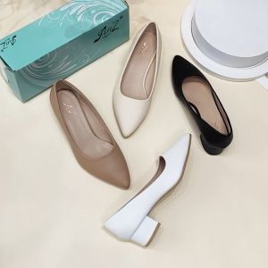 Korean 1icnh Leather Women Pointed Toe Block Heels Office Work Shoes