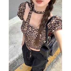 Retro Spicy Girl Square Collar Bubble Sleeve Leopard Print Short Sleeve T-shirt Womens Summer Design Slim Fit Crop Top