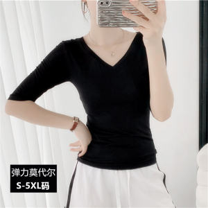 Modal Half Length Half Sleeve T-Shirt Womens Chicken Hearts V-neck Yoga Dancing Dress Tops Plus Size Ice Silk Bottoming Shirt Spring and Summer