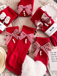 2026 New Year Horse Red Socks Womens Sweet Design Checkered Butterfly Knot Mid-Calf Cotton Socks for Autumn Season