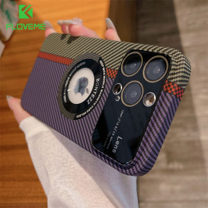 FLOVEME Carbon Fiber Pattern Large Window Phone Case For iPhone 14 13 12 11 Pro Max Magsafe Logo Hole Wireless Charging Glass Camera Lens Protection Matte Hard PC Shockproof Back Cover For iphone 14 13 12 11