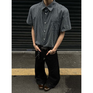 Classic Retro Plaid Short Sleeve Mens Shirt Simple Commuter Style Trendy DK Melissa Brand Summer Wear Resistant Fabric Polo Collar