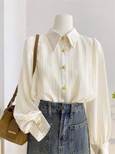 WANGGONGZHU | French Elegant High-End Chiffon Shirt Womens Autumn New Style Polo Collar Base Shirt Long Sleeve Inner Wear Korean Style Pure Color