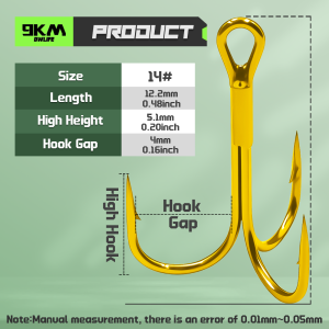 9KM DWLIFE | 9KM 25PCS Gold Treble Hook 2X Strong Fishing Triple Hook Round Bend Hard Lure Replacement Hook Saltwater Freshwater Fishing