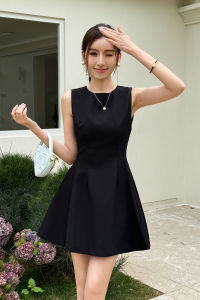 Black Sleeveless Vest Dress High Waist Short A-Line Skirt Polyester Blend Summer Commute Style Clothing for Young Women