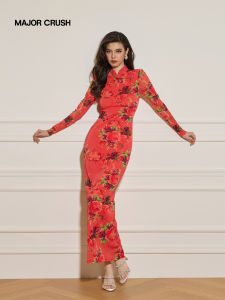 Vintage Flower Print Modified Cheongsam Stand Collar Fitted Dress