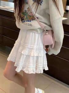 กระโปรงสั้นทรงเอเอวสูงสไตล์บัลเล่ต์หวานสำหรับผู้หญิง สีขาว ผ้าโพลีเอสเตอร์ กระโปรงทรงเค้ก กระโปรงสั้นทรงเอสีพื้น