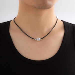 Black Rope Chain Single Pearl Choker Necklace for Men Simple Handmade Collar Necklace Pearl Pendant Neck Jewelry Accessories