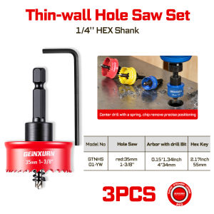 Geinxurn Thin-wall Hole Saw Set With Keychain Bit HoldersSet 7/8" & 1-1/8" & 1-3/8" Auto Eject HSS Metal Hole Cutter